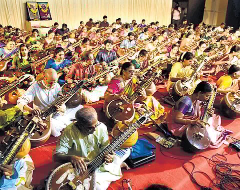 108 artistes filled the Sadguru Gnanananda Hall with a symphony of melodies 