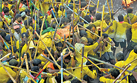 Villagers clashing with sticks during Banni festival at Devaragattu in Kurnool district.