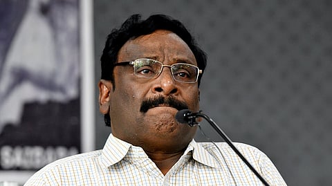 Former Delhi University Professor Dr. GN Saibaba gets emotional while addressing the media during a press conference in New Delhi on March 8, 2024.