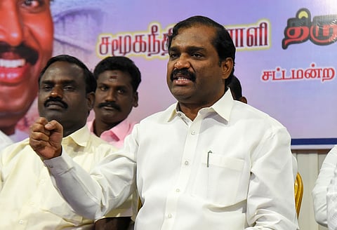 Tamizhaga Vazhvurimai Katchi leader T Velmurugan addresses media persons in Tiruchy