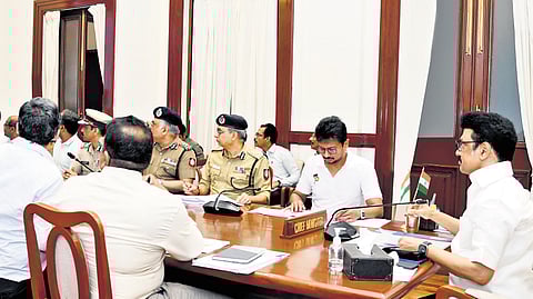 Chief Minister MK Stalin chairs a review meeting at the secretariat on Monday.