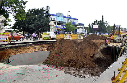 The flyover, currently under construction at the Saibaba Colony junction by the State Highways Department's NH wing, stretches from Alagesan Road to Eru Company junction. 
