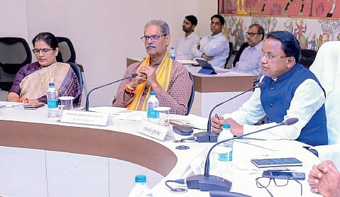 CM Mohan Majhi taking a review of paddy procurement preparations on Tuesday.