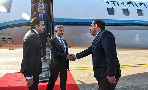 External Affairs Minister S Jaishankar being welcomed upon his arrival in Islamabad (Photo | PTI)