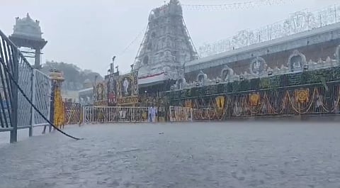 Heavy rain lashed Tirumala on Monday.