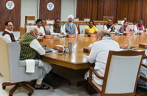 Prime Minister Narendra Modi with Bharatiya Janata Party (BJP) National President JP Nadda, Union Home Minister Amit Shah and party leaders attend the BJP CEC meeting on Jharkhand Assembly Election 2024, at party headquarters in New Delhi on Tuesday.
