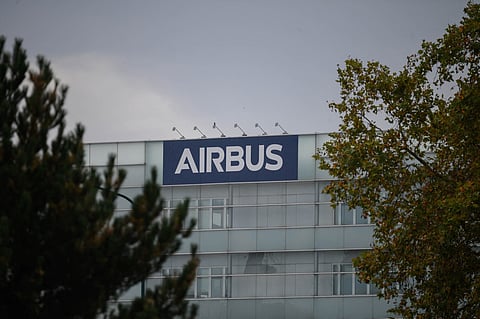 An Airbus logo is displayed at the company's campus in Blagnac, on the outskirts of Toulouse, on October 16, 2024. 