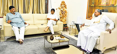 AICC General Secretary (Organisation) KC Venugopal, Chief Minister Siddaramaiah and Deputy Chief Minister DK Shivakumar hold a meeting to discuss the strategy for the upcoming bypolls, in Bengaluru on Wednesday