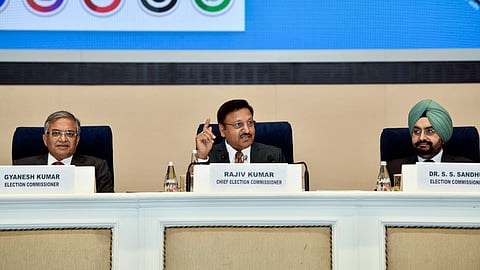 Chief Election Commissioner Rajiv Kumar with Election Commissioners Gyanesh Kumar and Sukhbir Singh Sandhu addresses a press conference on Maharashtra and Jharkhand assembly elections, in New Delhi on Tuesday.