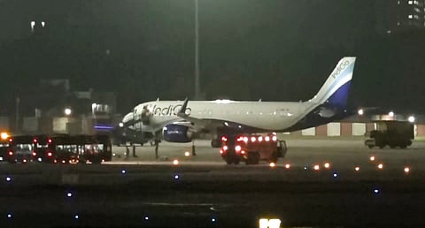 An Indigo aircraft from Saudi Arabia after it made an emergency landing following a bomb threat at Jaipur airport, Tuesday, Oct. 15, 2024.