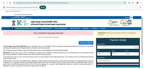 The content of the website shows “YOUR COMPUTER HAS BEEN BLOCKED” and it has a payment details column which can capture sensitive financial information.
