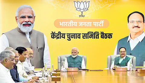 PM Modi with other BJP leaders at a meet on upcoming Assembly elections.