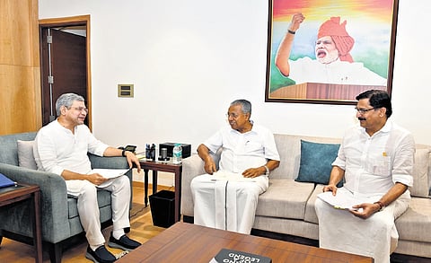 Chief Minister Pinarayi Vijayan interacting with Union Railway Minister Ashwini Vaishnaw in Delhi on Wednesday. Kerala minister in charge of Railways V Abdurahiman is also seen