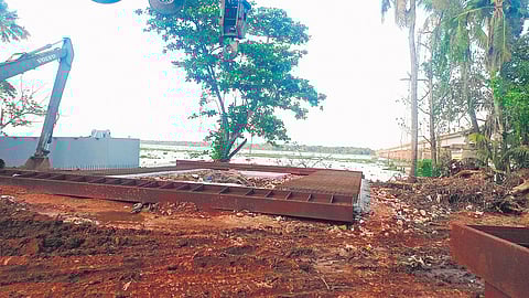 Construction work of the second railway bridge across the Vembanad lake being carried out as part of the coastal track doubling project