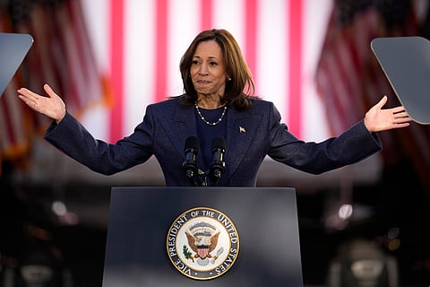 Democratic presidential nominee Vice President Kamala Harris speaks during a campaign event at Washington Crossing Historic Park, Wednesday, Oct. 16, 2024. 
