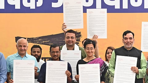 CM Atishi with AAP chief Arvind Kejriwal, party leader Manish Sisodia and others during the launch of the party’s ‘Jansampark Abhiyan’on Wednesday.
