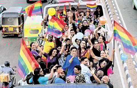 Participants cheer as part of the gender equality parade atop KSRTC’s City Rider Bus on Thursday ahead of the ‘Celebration of Diversity’ event organised by Kerala Queer Pride 
