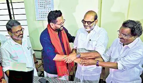 P Sarin with senior CPM leaders A K Balan, N N Krishnadas, and E N Suresh Babu at the party district committe office in Palakkad on Friday