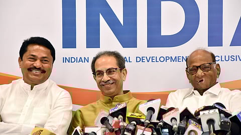 Maha Vikas Aaghadi leaders NCP (SP) chief Sharad Pawar (R), Shiv Sena (UBT) chief Uddhav Thackeray (C) and Maharashtra Congress cheif Nana Patole (R) at a joint press conference in Mumbai.