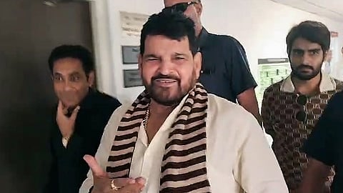 Former WFI Chief Brij Bhushan Sharan Singh after hearing in alleged sexual harassment case in Delhi's Rouse Avenue court, in New Delhi.