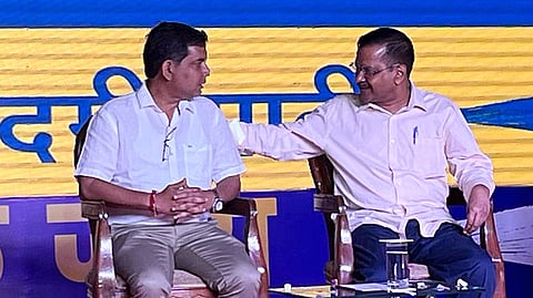 AAP Goa chief Amit Palekar (L) with the party's national convenor Arvind Kejriwal.