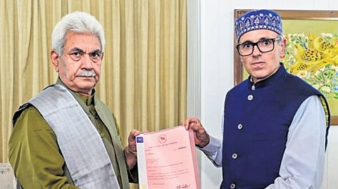 Jammu and Kashmir Chief Minister Omar Abdullah meets with Lieutenant Governor Manoj Sinha.