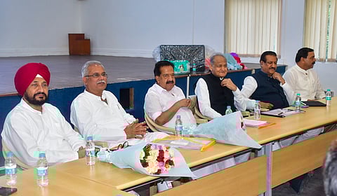 Congress leader Ramesh Chennithala, former Rajasthan chief minister Ashok Gehlot, former Chhattisgarh CM Bhupesh Baghel, former Punjab CM Charanjit Singh Channi, former Maharashtra CM Prithviraj Chavan and others during a meeting for the upcoming Maharashtra Assembly elections, in Mumbai, Saturday, Oct. 19, 2024.