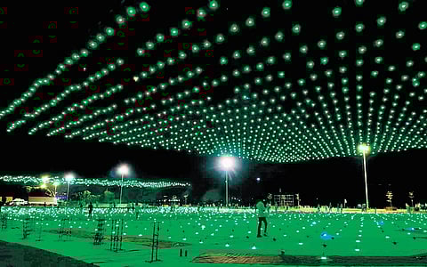 Ahead of the drone show on October 22, a rehearsal was conducted at Punnami Ghat in Vijayawada on Sunday night 