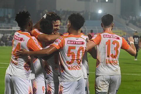 Jesus Jimenez Nunez of Kerala Blasters FC celebrates with teammates after scoring a goal during the Indian Super League (ISL) 2024-25 football match between Mohammedan SC and Kerala Blasters FC.