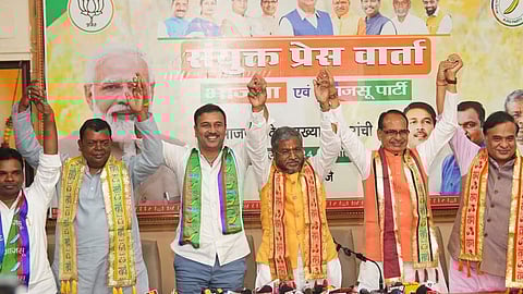 Union Minister Shivraj Singh Chouhan, Assam CM Himanta Biswa Sarma, state BJP chief Babulal Marandi and AJSU president Sudesh Mahto in Ranchi on Friday.