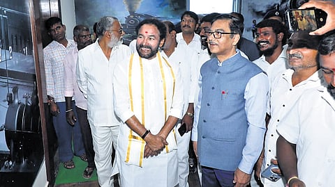 Union Coal and Mines Minister 
G Kishan Reddy inspects the ongoing works at Cherlapally railway terminal 
on Sunday 