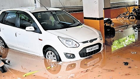 The flooded basement of an apartment complex in BEML Layout, in Rajarajeshwari Nagar in Bengaluru on Sunday;