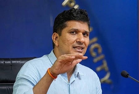 Aam Aadmi Party (AAP) MP Sanjay Singh addresses a press conference, at party office, in New Delhi.