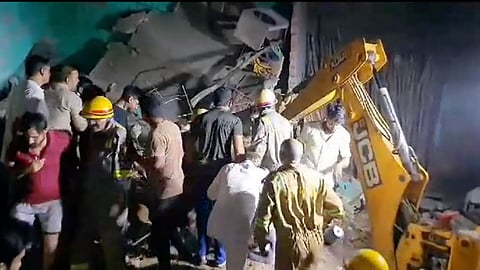Search and rescue operation underway after a cylinder explosion in Bulandshahr's Sikandrabad, in Uttar Pradesh ,Monday.