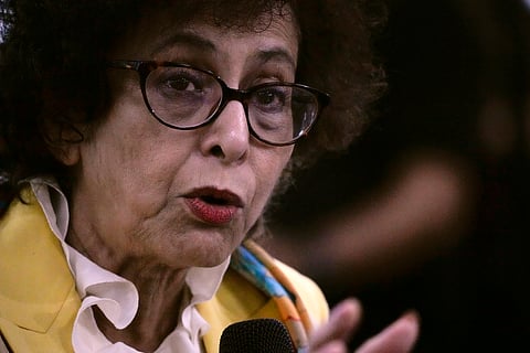 United Nations Special Rapporteur on Freedom of Opinion and Expression Irene Khan gestures during a press conference in Mandaluyong, Philippines, on Feb. 2, 2024.