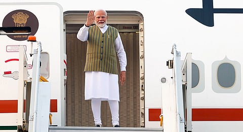 Prime Minister Narendra Modi emplanes for Kazan, Russia for a 2-day visit to attend the 16th BRICS Summit, in New Delhi, Tuesday, Oct. 22, 2024. 