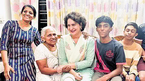 Heeding to the request of an ex-serviceman to visit his ailing mother, Priyanka Gandhi Vadra calls on his family at Sultan Bathery on Tuesday