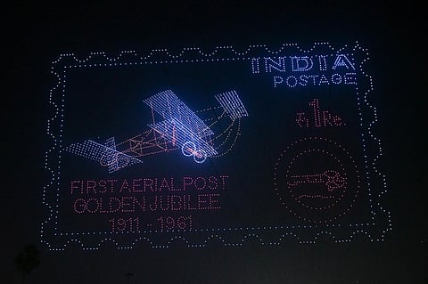 Drone show during the cultural evening as a part of Amaravati Drone Summit at Punnami ghat in Vijayawada.