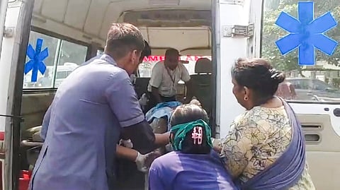 An injured being taken to a hospital for treatment following a blast at the Ordnance Factory.Jabalpur.