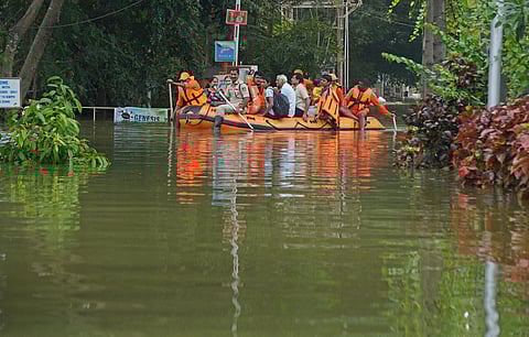 Rescue team rescuing residents of Kendra Vihar Apartment which is fully flooded due last night heavy rain at Yelahanka, Bengaluru.