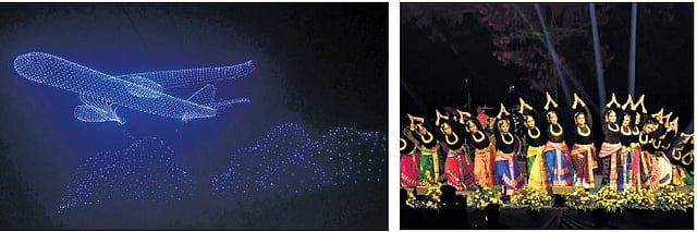 Drone show and fireworks enthrall audience; Students performing dance at Punnami Ghat in Vijayawada on Tuesday