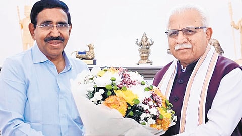Municipal Administration and Urban Development Minister P Narayana calls on Union Minister for Urban Affairs Manohar Lal Khattar in Delhi on Tuesday