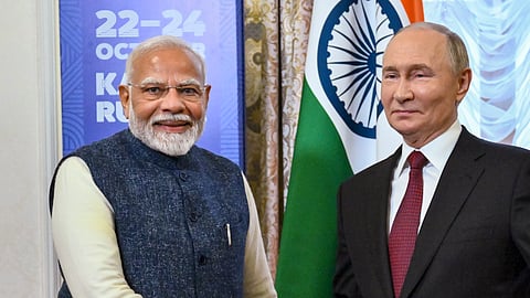 Prime Minister Narendra Modi and Russian President Vladimir Putin at the 16th BRICS Summit, in Kazan, Russia.