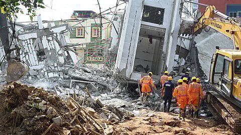 NDRF and Fire Personnel during the search for the trapped workers at the collapsed under constraction building Babusa