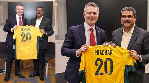 Union Education Minister Dharmendra Pradhan with his Australian counterpart Jason Clare during a meeting, in Melbourne, Australia. 