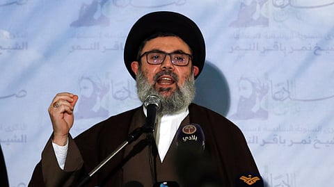 Senior Hezbollah leader Hashem Safieddine speaks during a news conference in the southern Beirut suburb of Dahiyeh, Lebanon, on Jan. 12, 2022