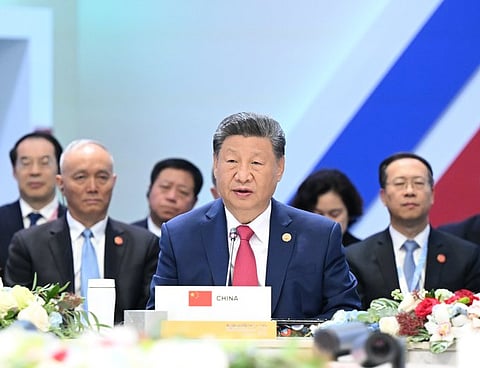 Chinese President Xi Jinping speaking at the BRICS summit in Russia. 