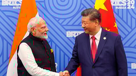 Prime Minister Narendra Modi meets Chinese President Xi Jinping on the sidelines of the 16th BRICS Summit, in Kazan, Russia.