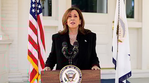 Democratic presidential nominee and US Vice President Kamala Harris speaks at the vice president's residence in Washington, Wednesday, Oct. 23, 2024.