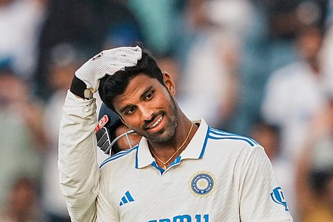 India's Washington Sundar and Rishabh Pant celebrate the wicket of New Zealand's Mitchell Santner (Photo | PTI)